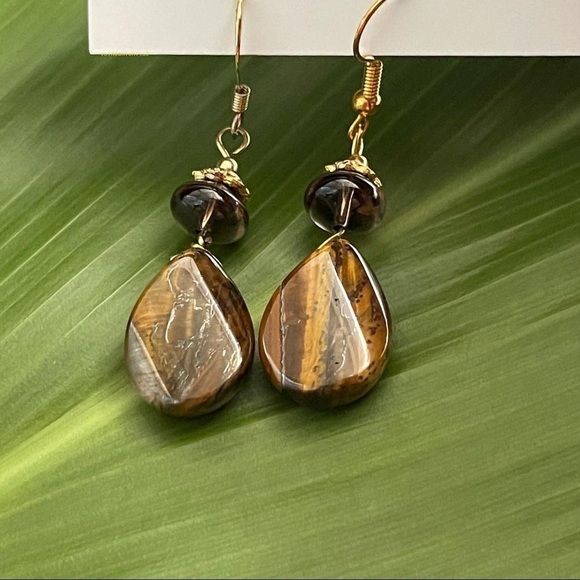 Tigers Eye With Crystal Dangle Retro Earrings - Picture 4 of 4